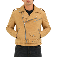 Men's Beige Motorcycle Belted Real Suede Leather Biker Jacket