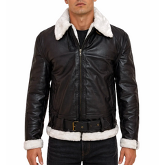 Mens Black Bomber Flying Aviator White Fur Genuine Leather Jacket