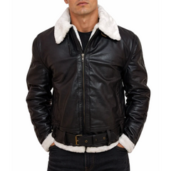 Mens Black Bomber Flying Aviator White Fur Genuine Leather Jacket
