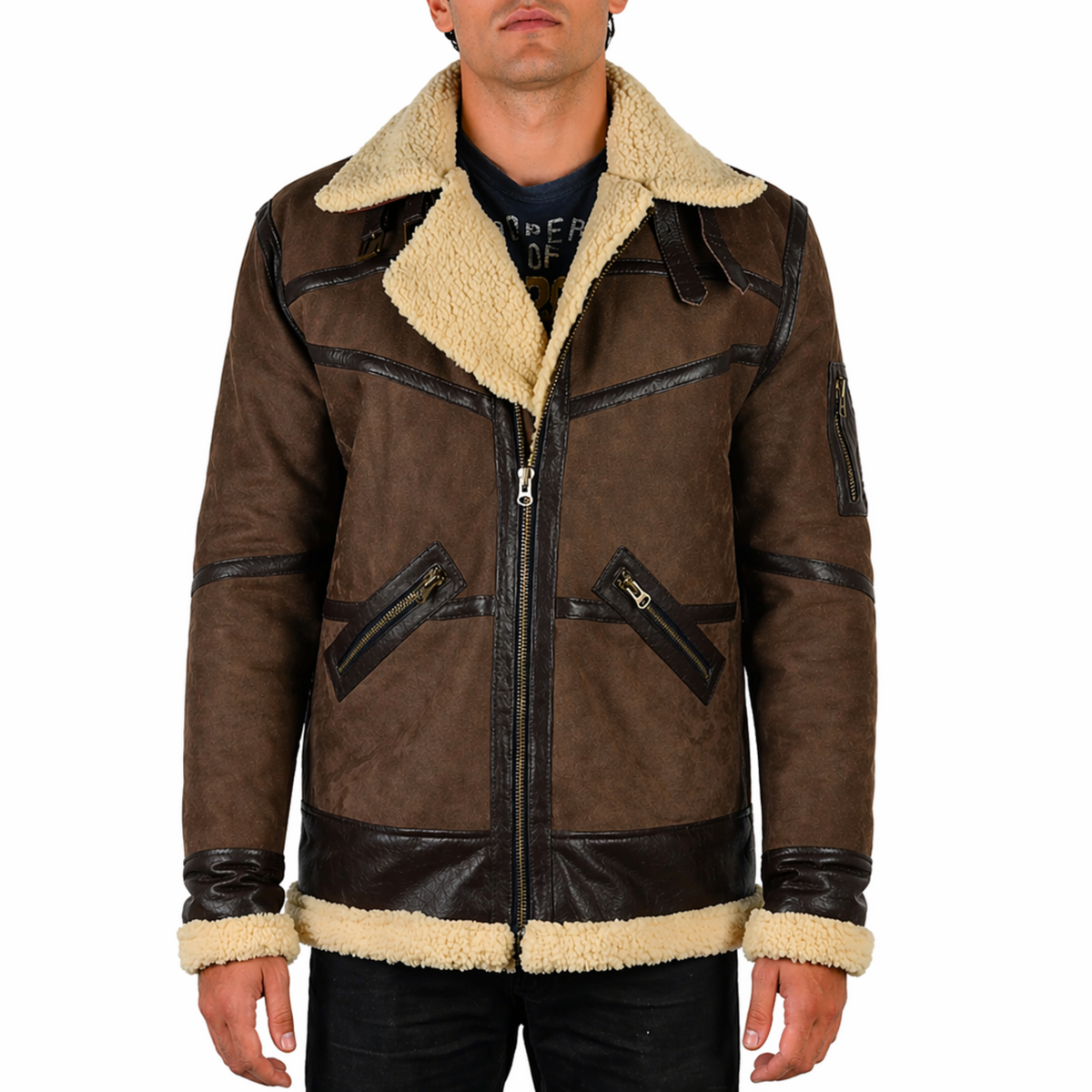 Men's Shearling Fur Bomber Brown Suede Leather Jacket