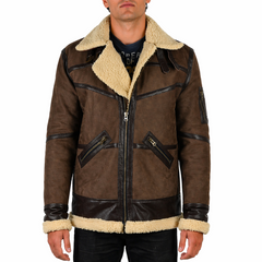 Men's Shearling Fur Bomber Brown Suede Leather Jacket