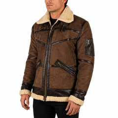Men's Shearling Fur Bomber Brown Suede Leather Jacket