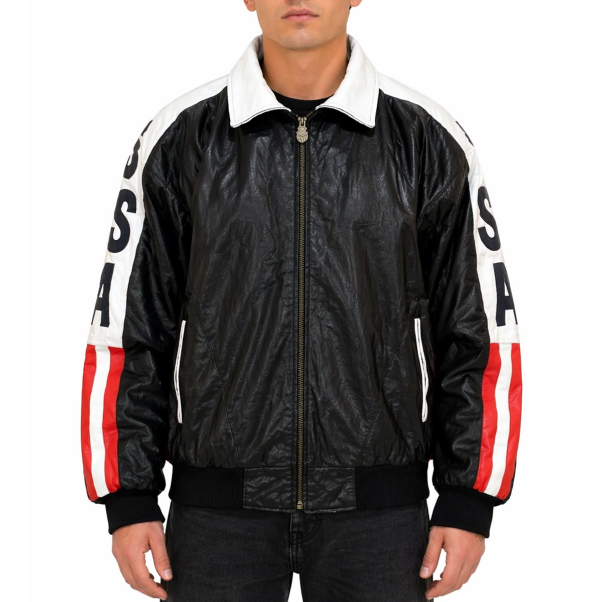 Mens Designer USA Flag Bomber Style Black & White Leather Jacket