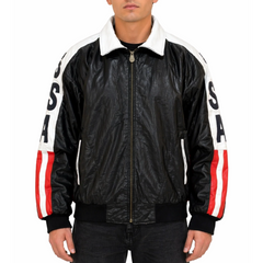 Mens Designer USA Flag Bomber Style Black & White Leather Jacket