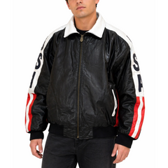 Mens Designer USA Flag Bomber Style Black & White Leather Jacket