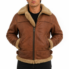 Men's Brown Fur Collar Real Leather Pilot Aviator Bomber Jacket