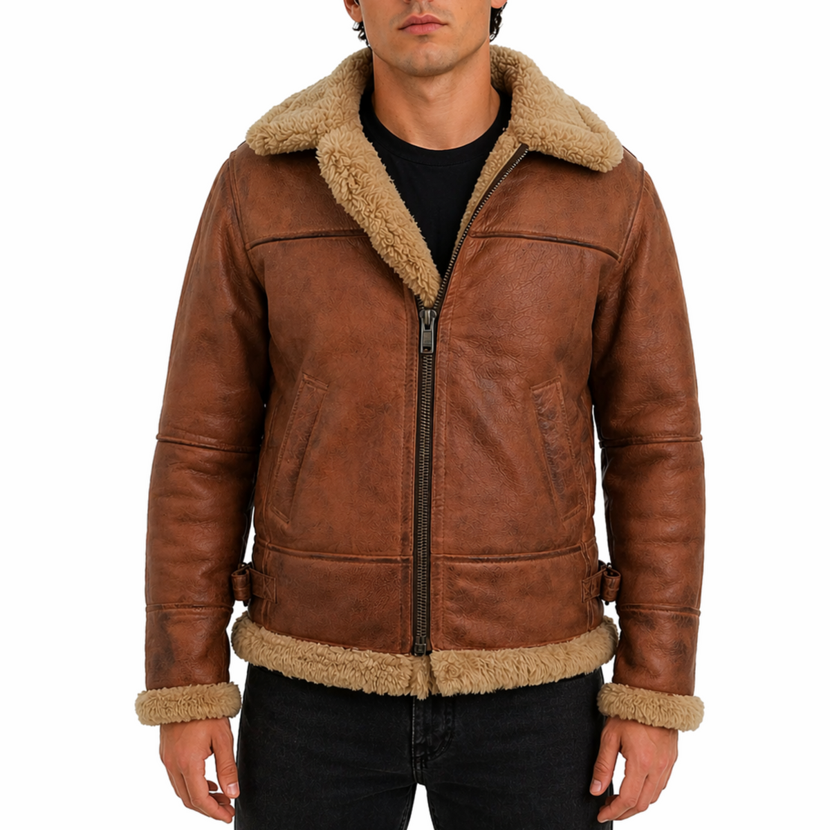 Men's Brown Fur Collar Real Leather Pilot Aviator Bomber Jacket