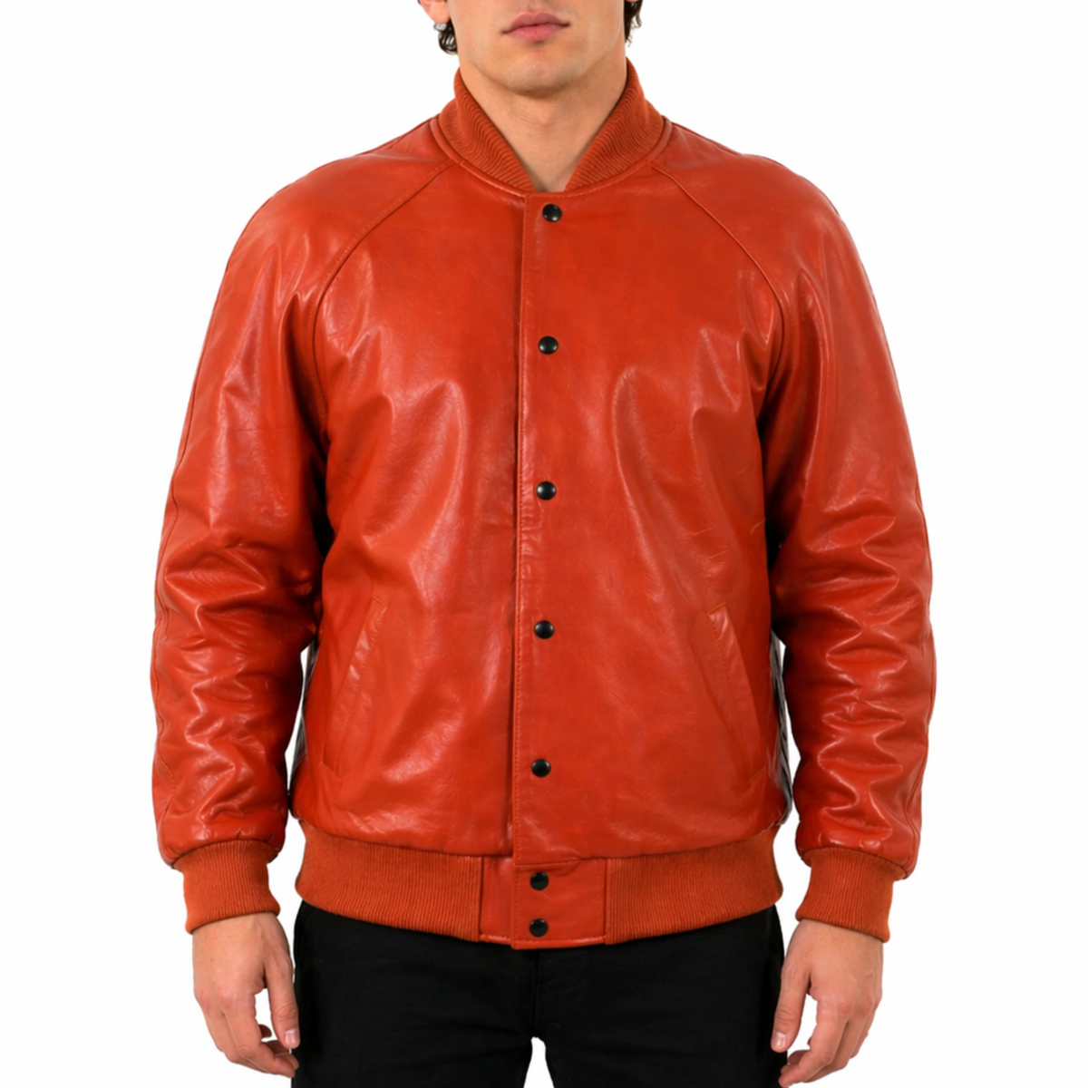 Men's Baseball Letterman Varsity Genuine Leather Orange Bomber Jacket