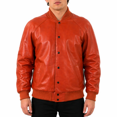 Men's Baseball Letterman Varsity Genuine Leather Orange Bomber Jacket