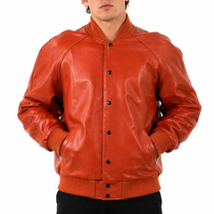 Men's Baseball Letterman Varsity Genuine Leather Orange Bomber Jacket