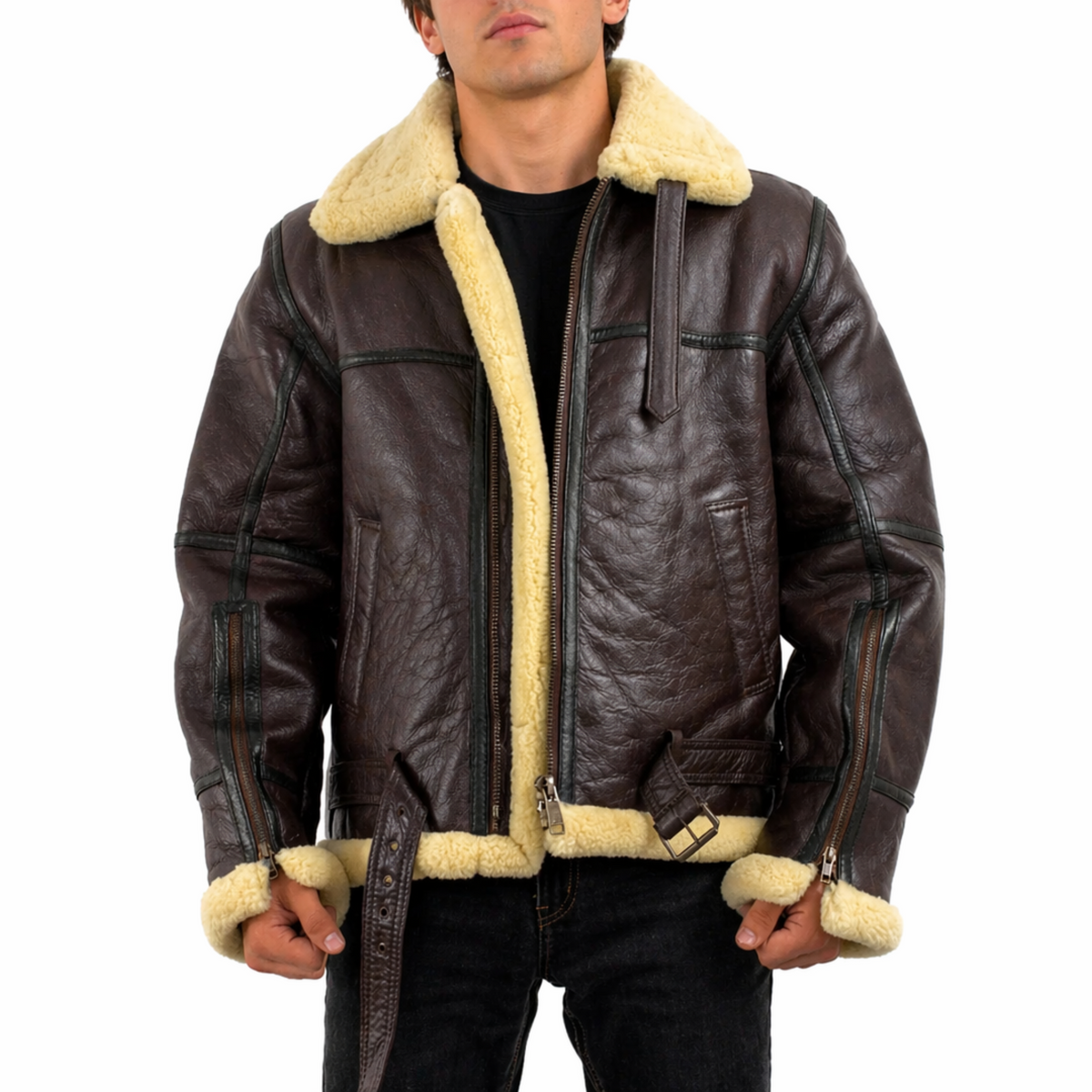 Mens Shearling Fur Bomber RAF Brown Black Strips Real Leather Jacket