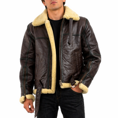 Mens Shearling Fur Bomber RAF Brown Black Strips Real Leather Jacket