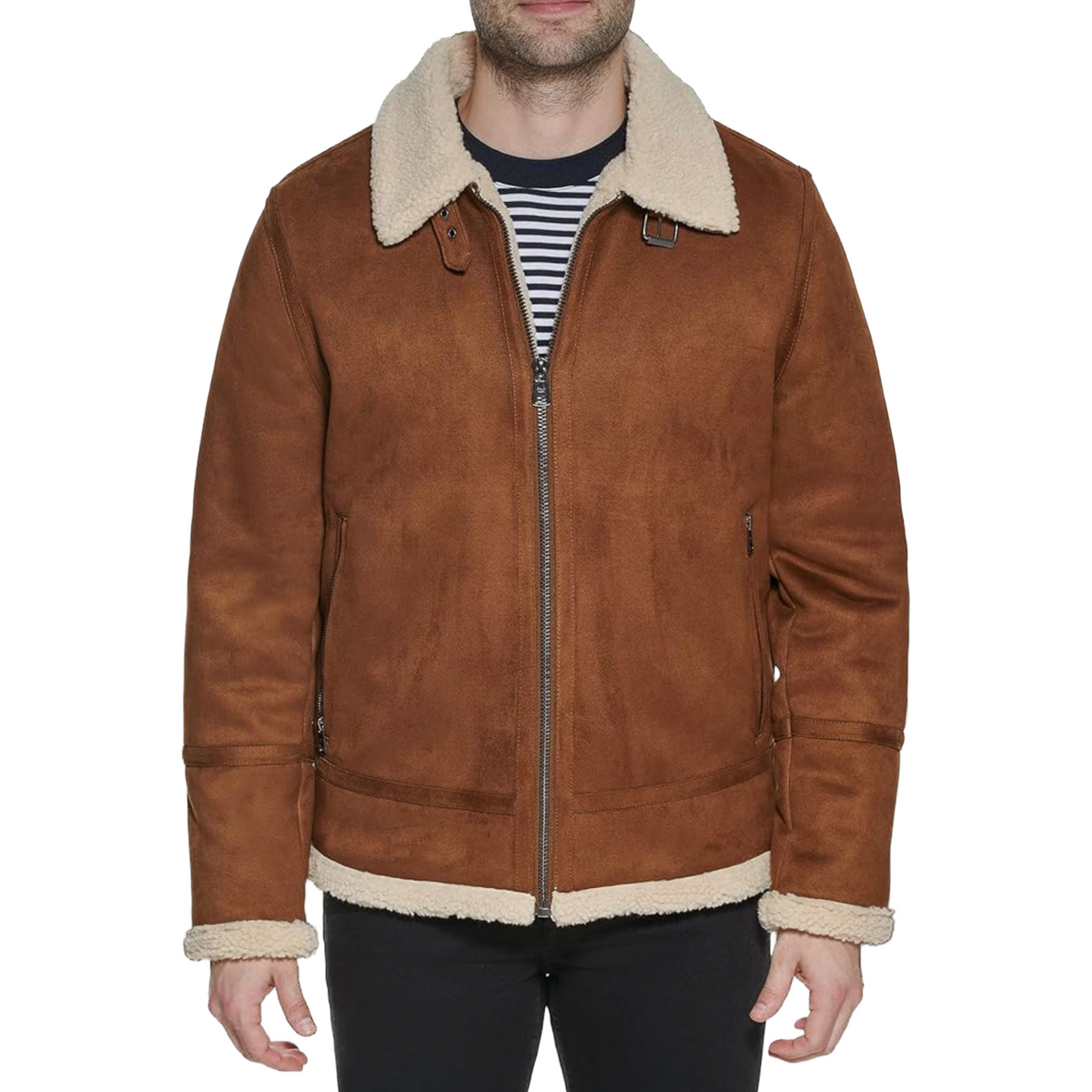 Men Suede Leather-Bomber Jacket With Shearling Lining