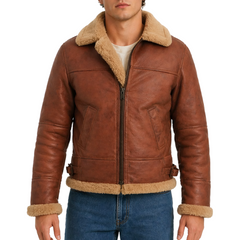 Men's Brown Fur Collar Genuine Sheepskin Pilot Aviator Bomber Leather Jacket