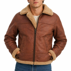 Men's Brown Fur Collar Genuine Sheepskin Pilot Aviator Bomber Leather Jacket