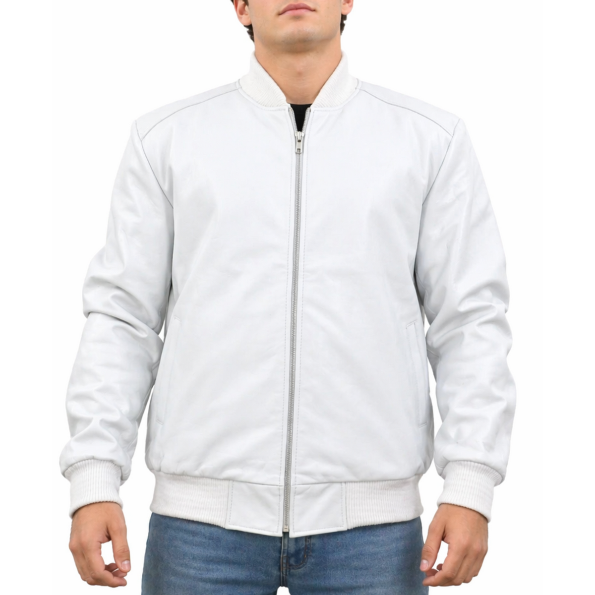 Men's Baseball Letterman Varsity Genuine Leather White Bomber Jacket