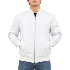 Men's Baseball Letterman Varsity Genuine Leather White Bomber Jacket