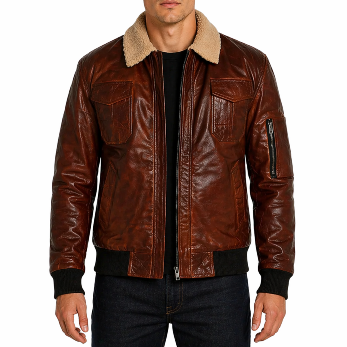 Men's Brown Fur Collar Waxed Real Sheepskin Pilot Aviator Bomber Jacket