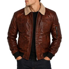 Men's Brown Fur Collar Waxed Real Sheepskin Pilot Aviator Bomber Jacket