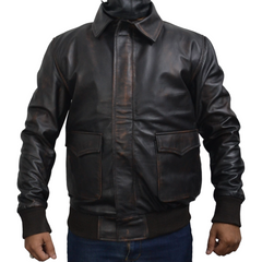 Men's Distressed Brown Bomber Aviator Pilot Genuine Leather Jacket