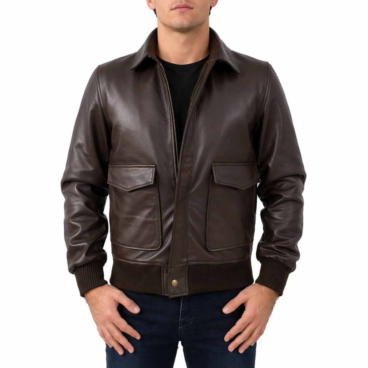 Mens Brown Bomber Aviator Flying Pilot Genuine Leather Jacket