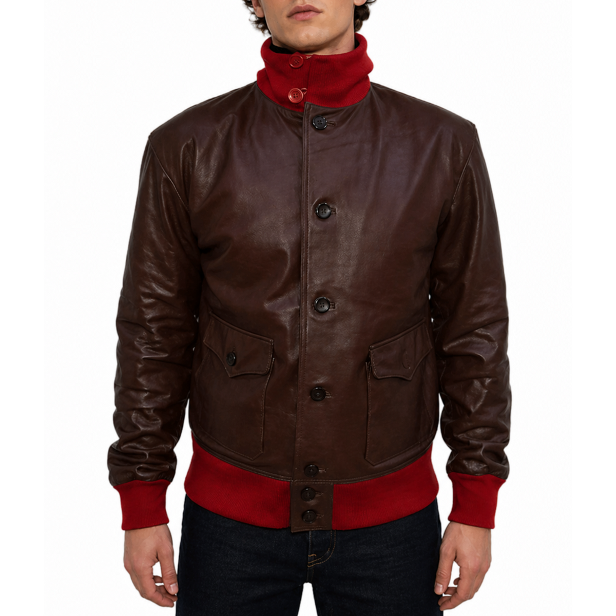 Mens A-1 Flight Brown And Red Ribbed Bomber Leather Jacket