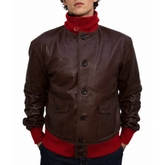 Mens A-1 Flight Brown And Red Ribbed Bomber Leather Jacket