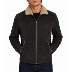 Shearling Collar Distressed Rugged Suede Leather Jacket