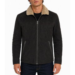 Shearling Collar Distressed Rugged Suede Leather Jacket