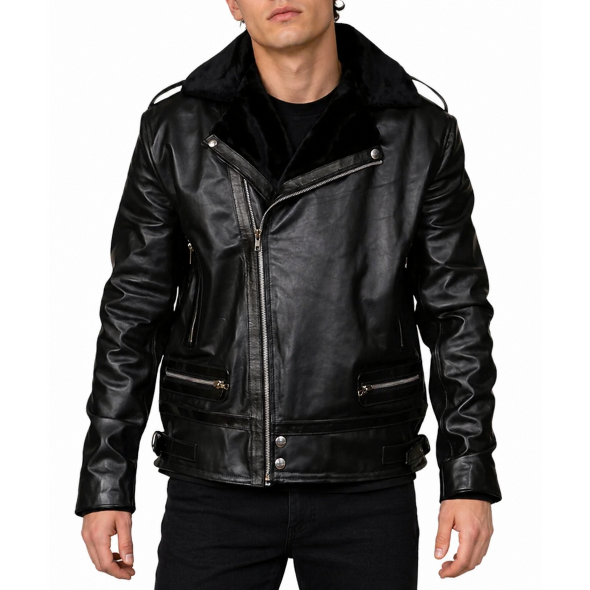 Men’s Asymmetrical Zipper Black Faux Fur Lined Jacket