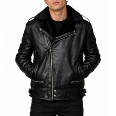 Men’s Asymmetrical Zipper Black Faux Fur Lined Jacket