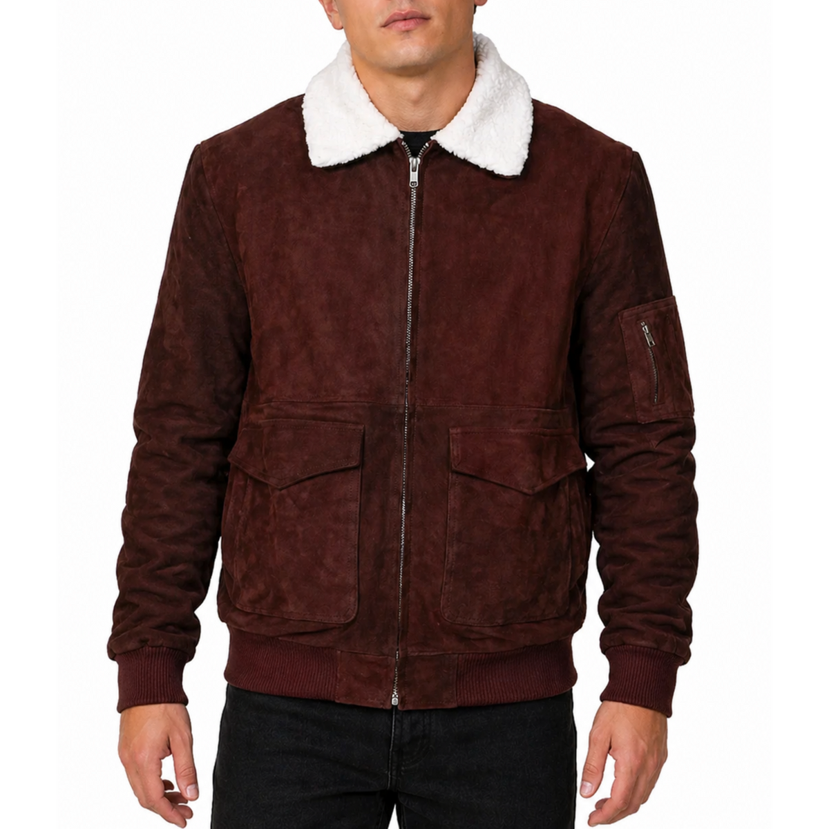 Men's Motorcycle Style Zipper Fur Collar  Suede Leather Jacket