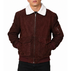 Men's Motorcycle Style Zipper Fur Collar  Suede Leather Jacket