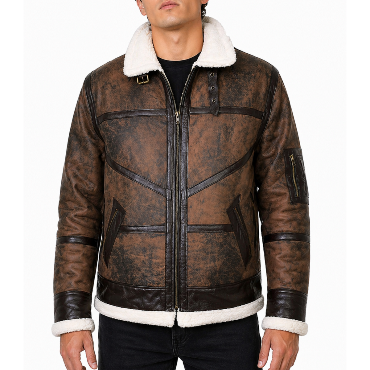 Mens Shearling Fur Brown Suede Leather Bomber Jacket