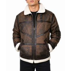 Mens Shearling Fur Brown Suede Leather Bomber Jacket