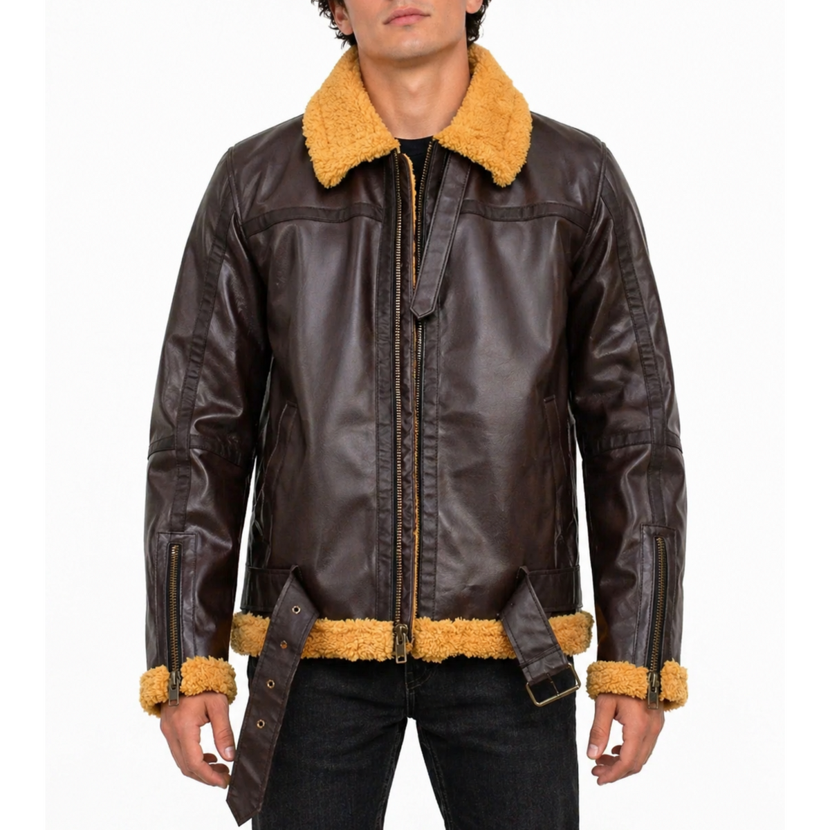 Mens Shearling Fur Bomber RAF Brown Real Leather Jacket