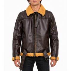 Mens Shearling Fur Bomber RAF Brown Real Leather Jacket