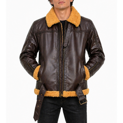 Mens Shearling Fur Bomber RAF Brown Real Leather Jacket