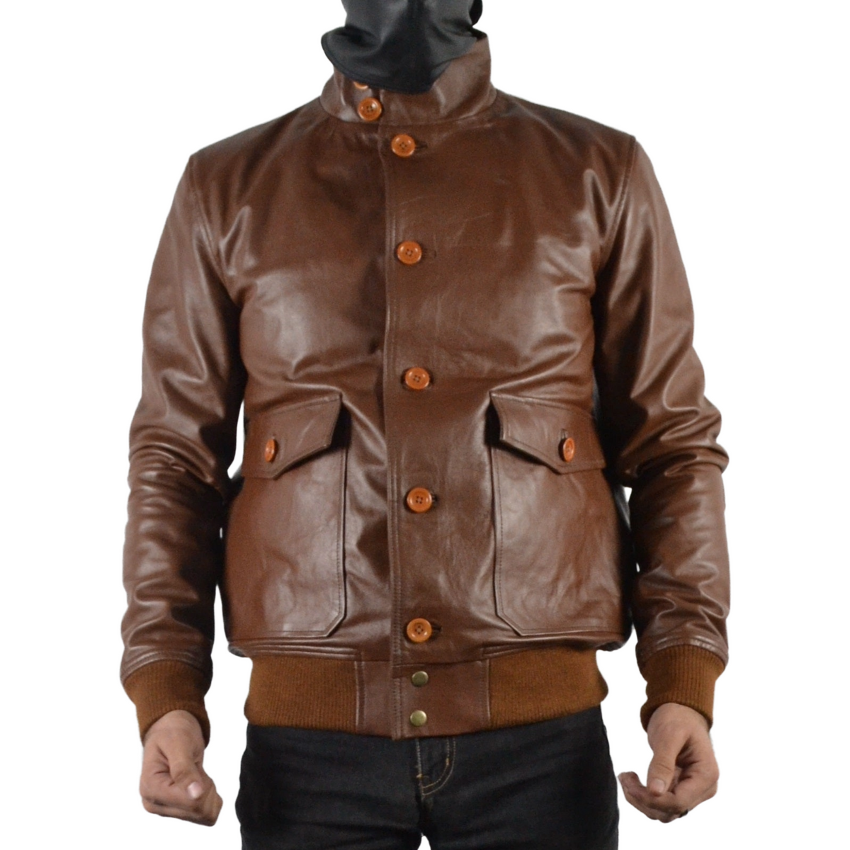 Mens A-1 Flight Tan Bomber Style Ribbed Leather Jacket Butons Style For Mens