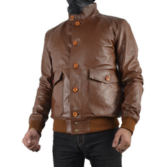 Mens A-1 Flight Tan Bomber Style Ribbed Leather Jacket Butons Style For Mens