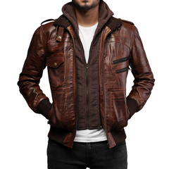 Mens Removable Hoodie Waxed Brown Leather Jacket