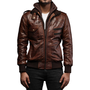 Mens Removable Hoodie Waxed Brown Leather Jacket – South Beach Leather