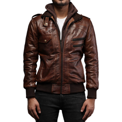 Mens Removable Hoodie Waxed Brown Leather Jacket