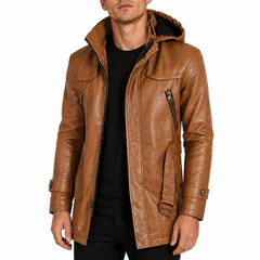 Mens Brown Ankle Length Slim Fit Hooded Leather Coat