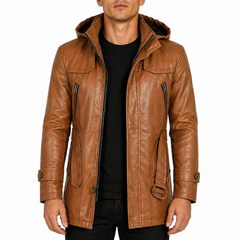 Mens Brown Ankle Length Slim Fit Hooded Leather Coat