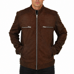 Men's Brown Suede Real Sheepskin Cafe Racer Zip Up Leather Jacket