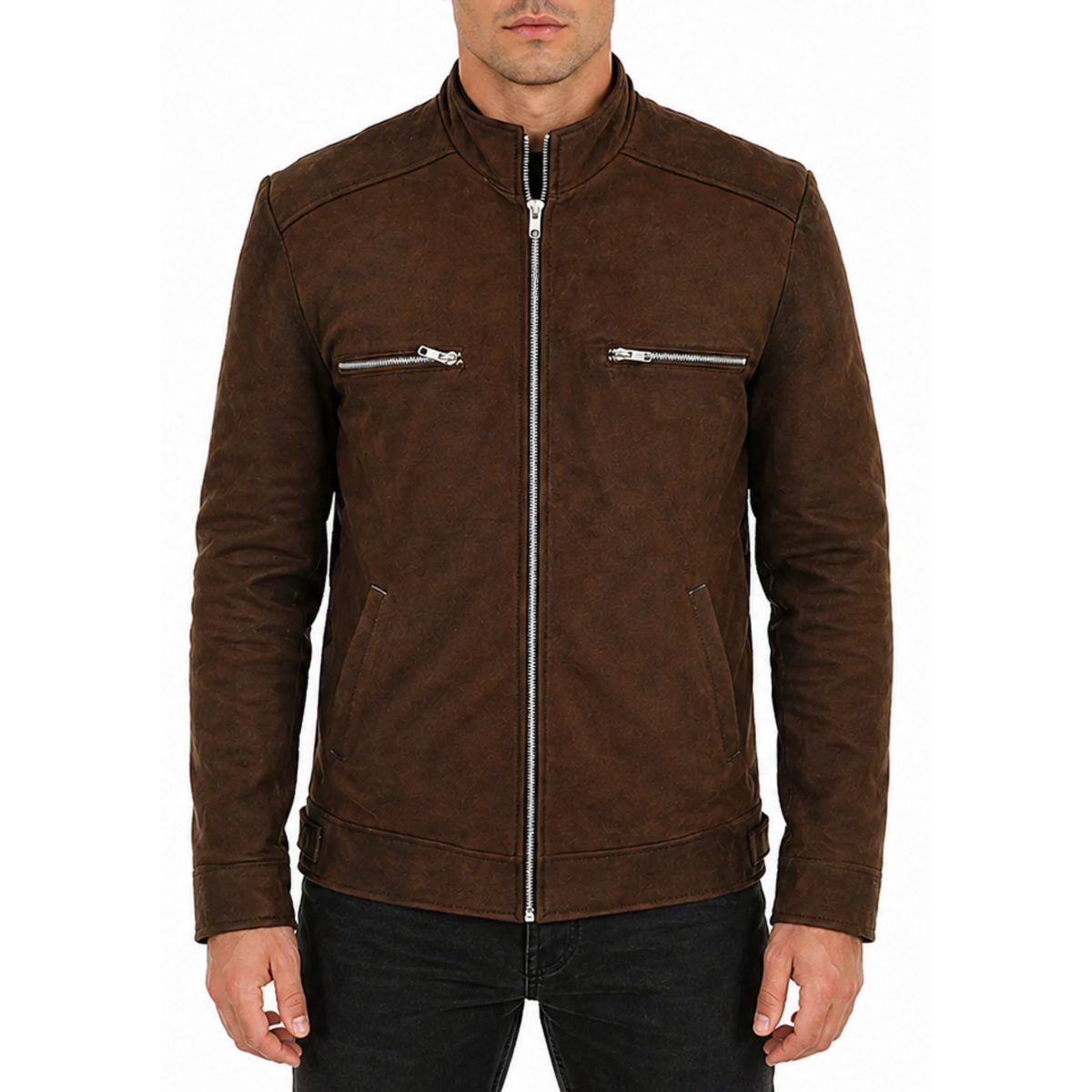 Men's Brown Suede Real Sheepskin Cafe Racer Zip Up Leather Jacket