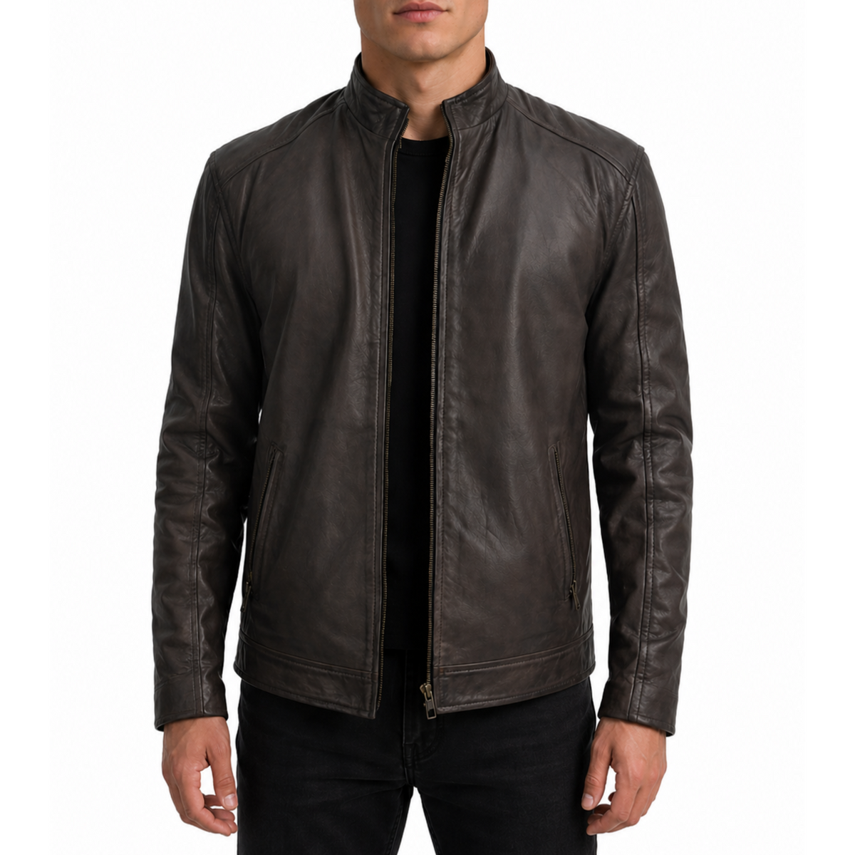 Mens Designer Racer Waxed Brown Leather Jacket