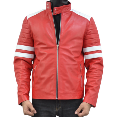 Mens Fight Club Brad Pitt Red And White Stripe Racer Leather