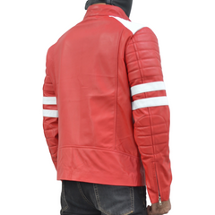 Mens Fight Club Brad Pitt Red And White Stripe Racer Leather Jacket